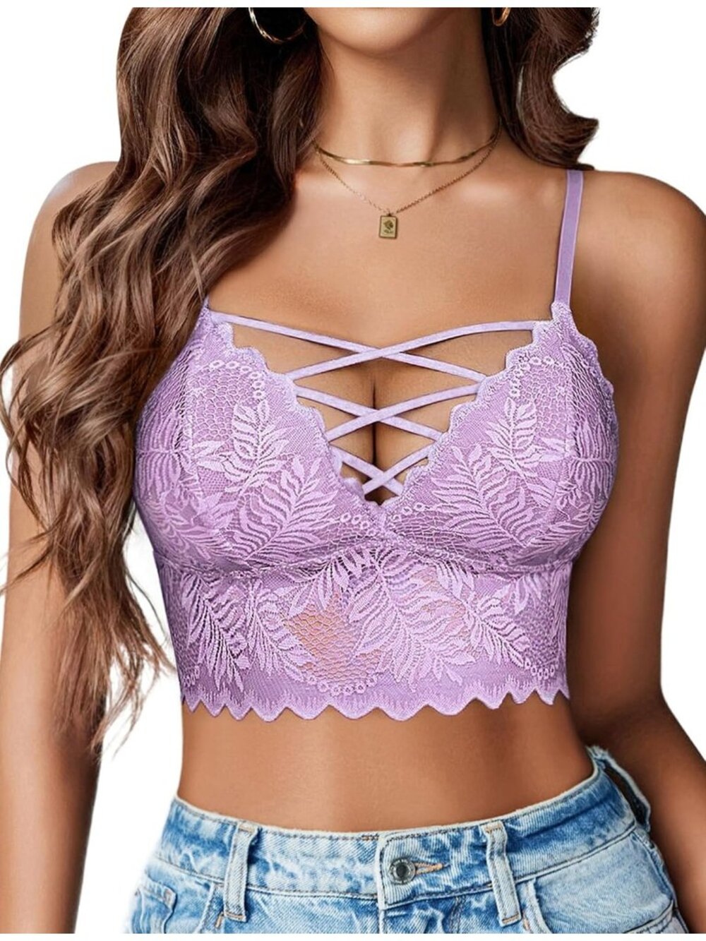 Women's Lilac V Neck Lace Camisole Strappy Cami Unpadded Bra Lingerie Tank Top